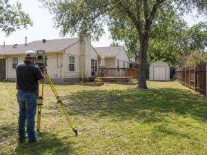 Boundary Survey in Mesquite TX showing a land surveyor checking property lines near home additions and a backyard fence.