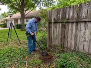 Boundary Survey in Mesquite TX locating a hidden property pin beside an old residential fence