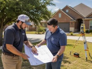 surveying company reviewing a residential property survey with a homeowner in Mesquite Texas
