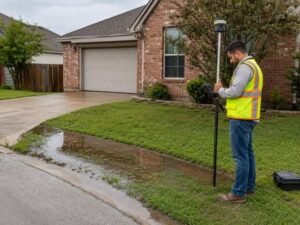 Topographic surveyor measuring elevations near standing water to assess site drainage in Mesquite, Texas