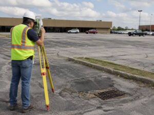Topographic Survey measuring an older parking lot for redesign in Mesquite TX